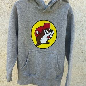 Kids Gray Pullover Hoodie with Cartoon Beaver Graphic